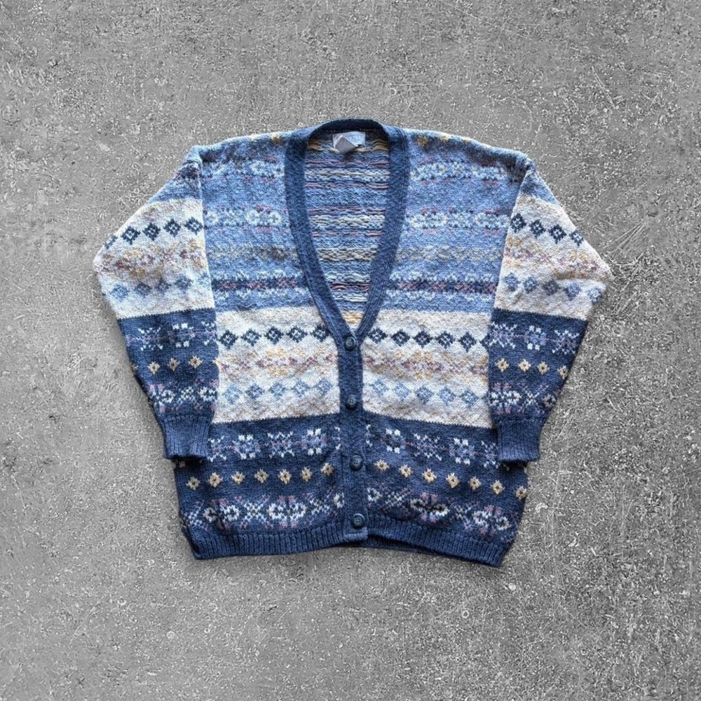 Vintage Lands End Fair‎ Isle Cardigan Sweater Blue Cotton Knit Womens Medium USA